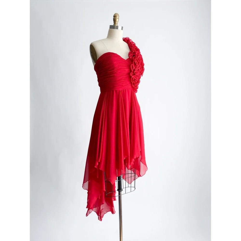 Bee Darlin Dress One Shoulder 3D Floral High Low Red Chiffon Prom Party Vintage